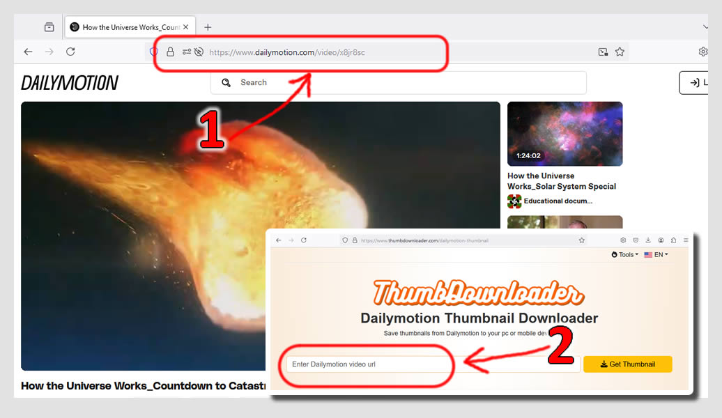 Screenshots describing how to save thumbnails from Dailymotion website - for computers