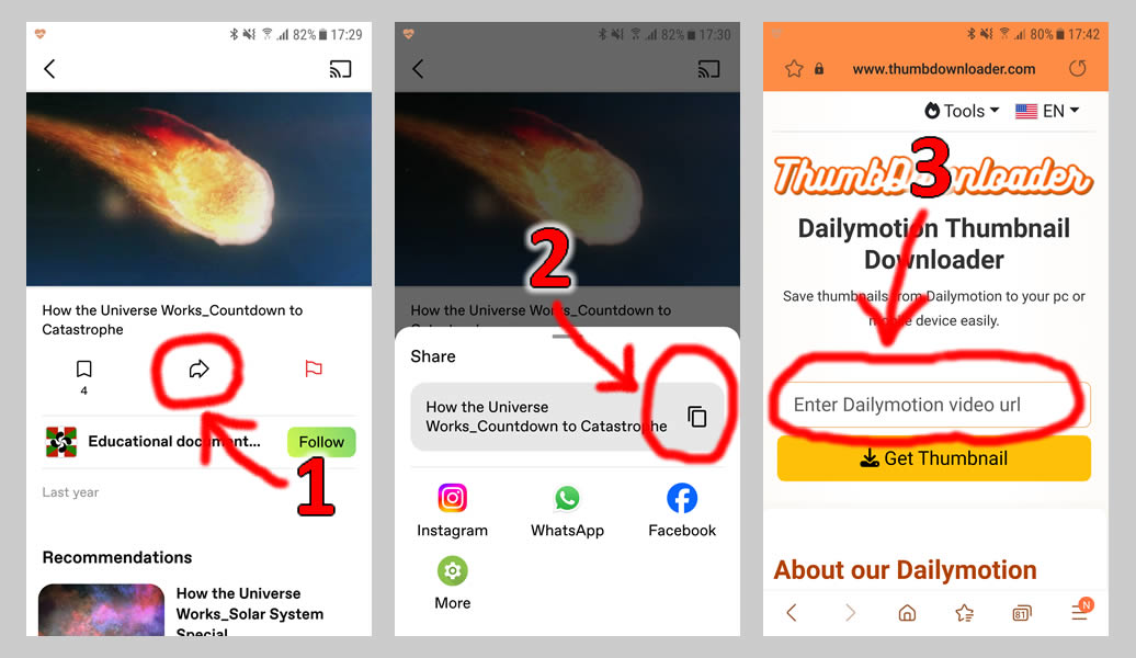 Screenshots describing how to save thumbnails from Dailymotion application - for mobile devices