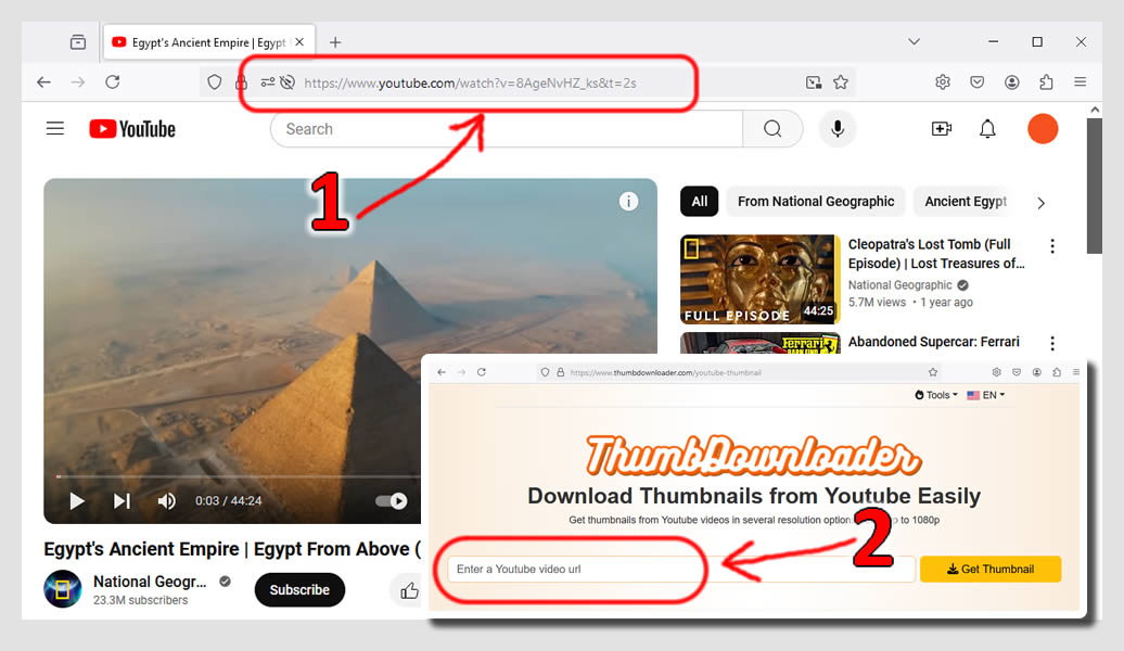 Screenshots showing how to download thumbnails from Youtube - for computers