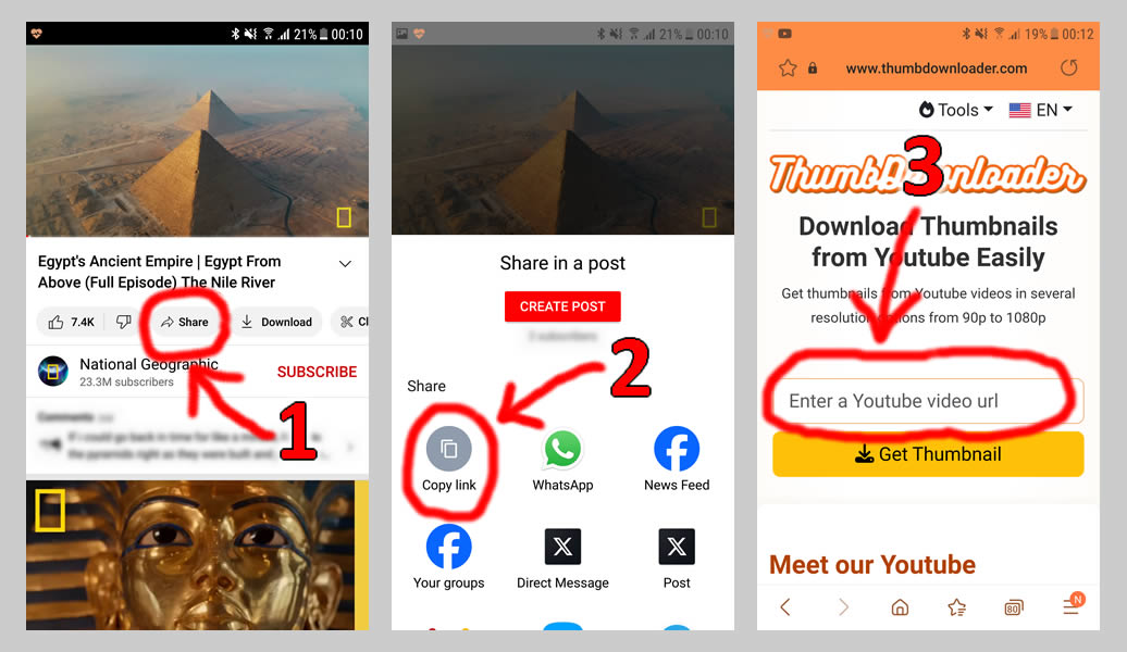 Screenshots showing how to download thumbnails from Youtube - for mobile devices