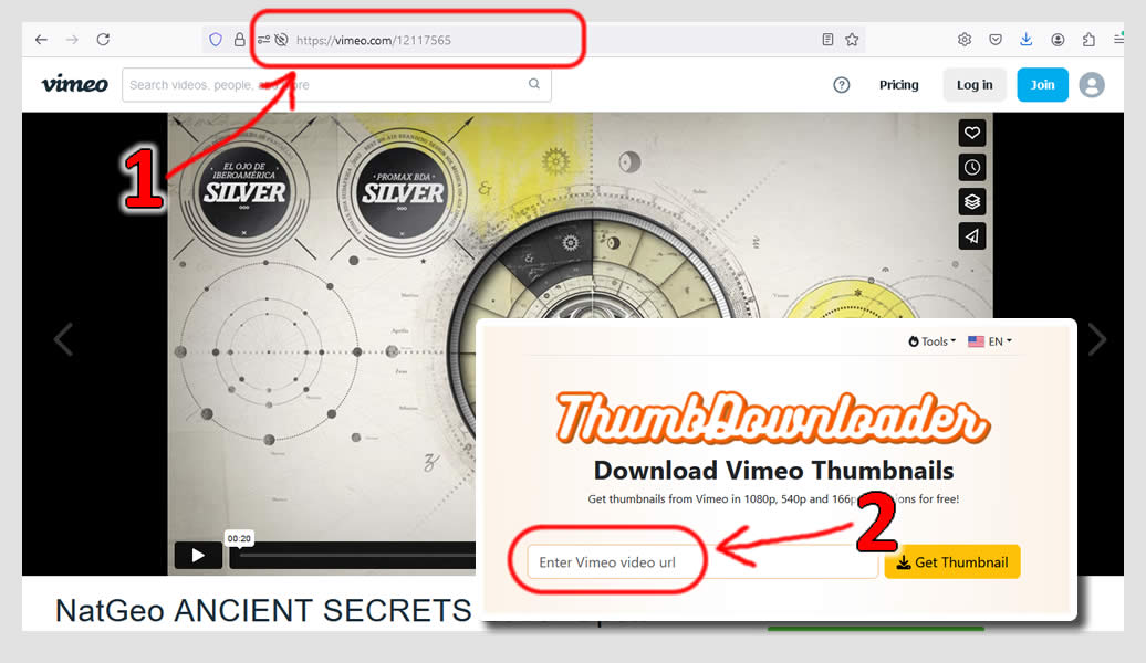 Screenshots of steps to download a thumbnail from Vimeo.com - for computers