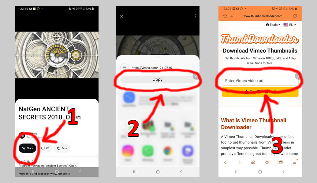 Screenshots of steps to download a thumbnail from Vimeo application - for mobile devices